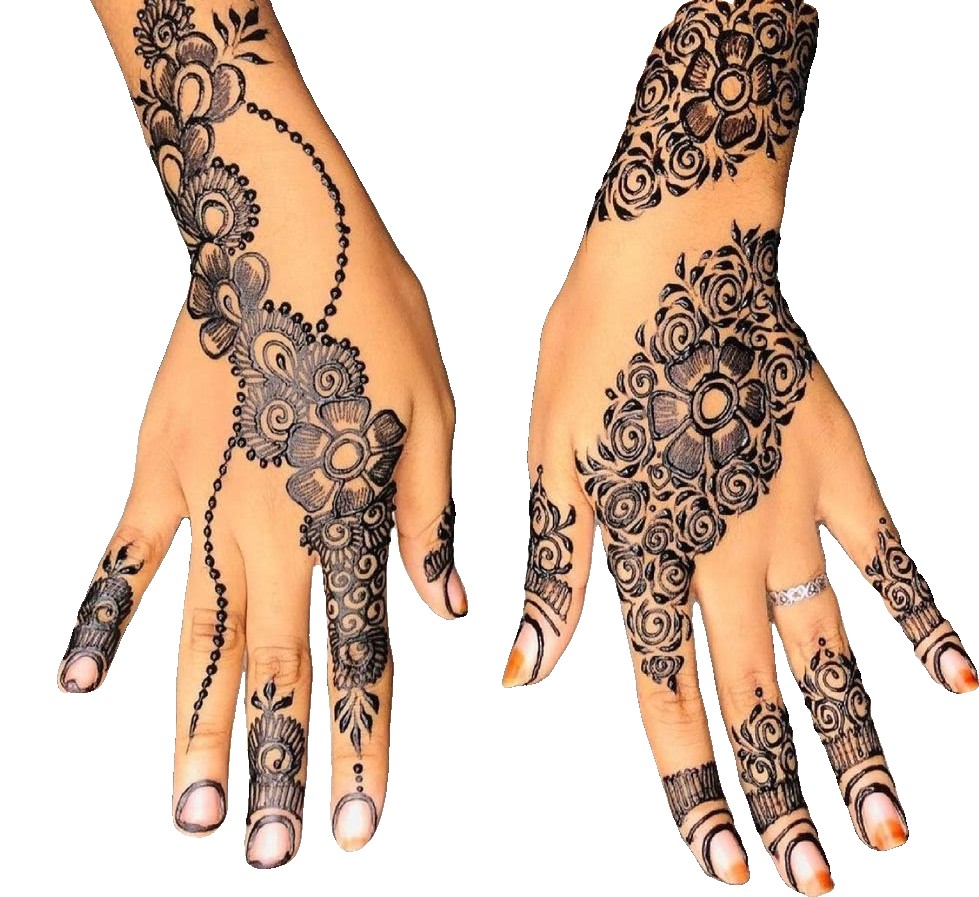 Two hands with intricate black Arabic-style floral henna