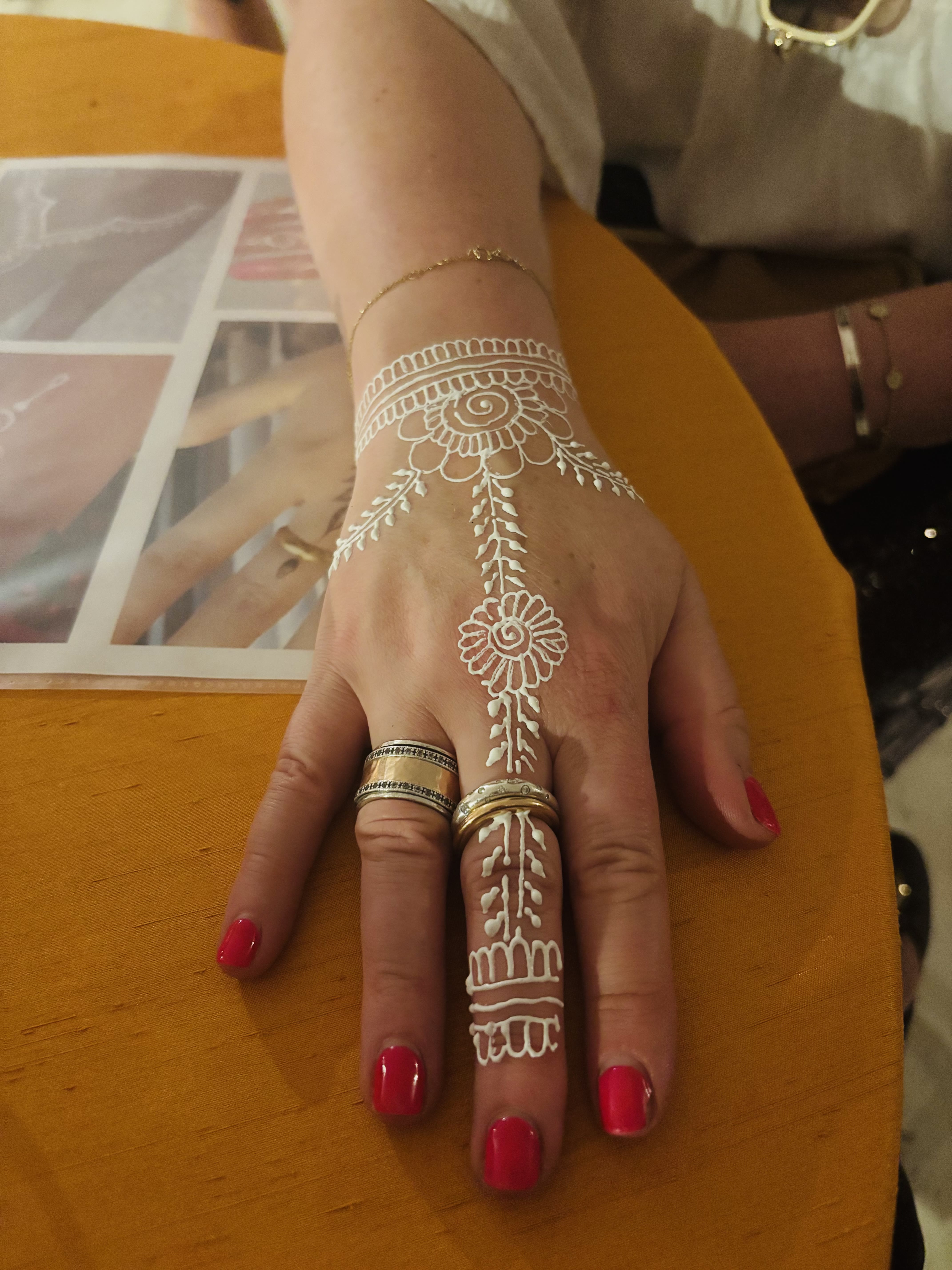 White henna wristband and finger design at a live art session