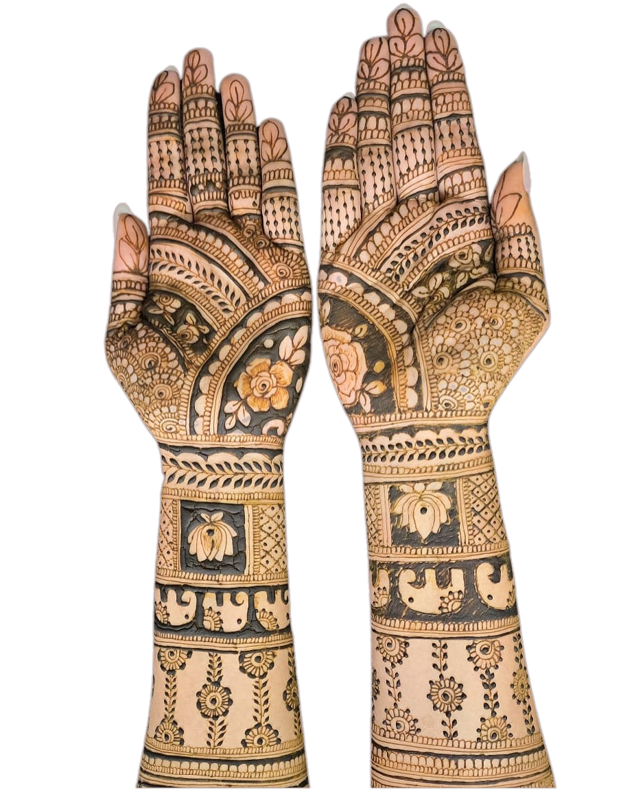 Full bridal mehndi design on both hands and arms by Avani Henna Seattle — intricate floral and paisley henna art